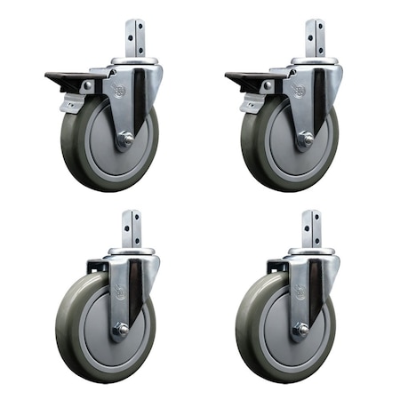 Service Caster 5'' Gray Polyurethane Wheel Swivel 3/4'' Square Stem Caster Set 2 Brakes, 4PK SCC-SQ20S514-PPUB-GRY-PLB-34-2-S-2